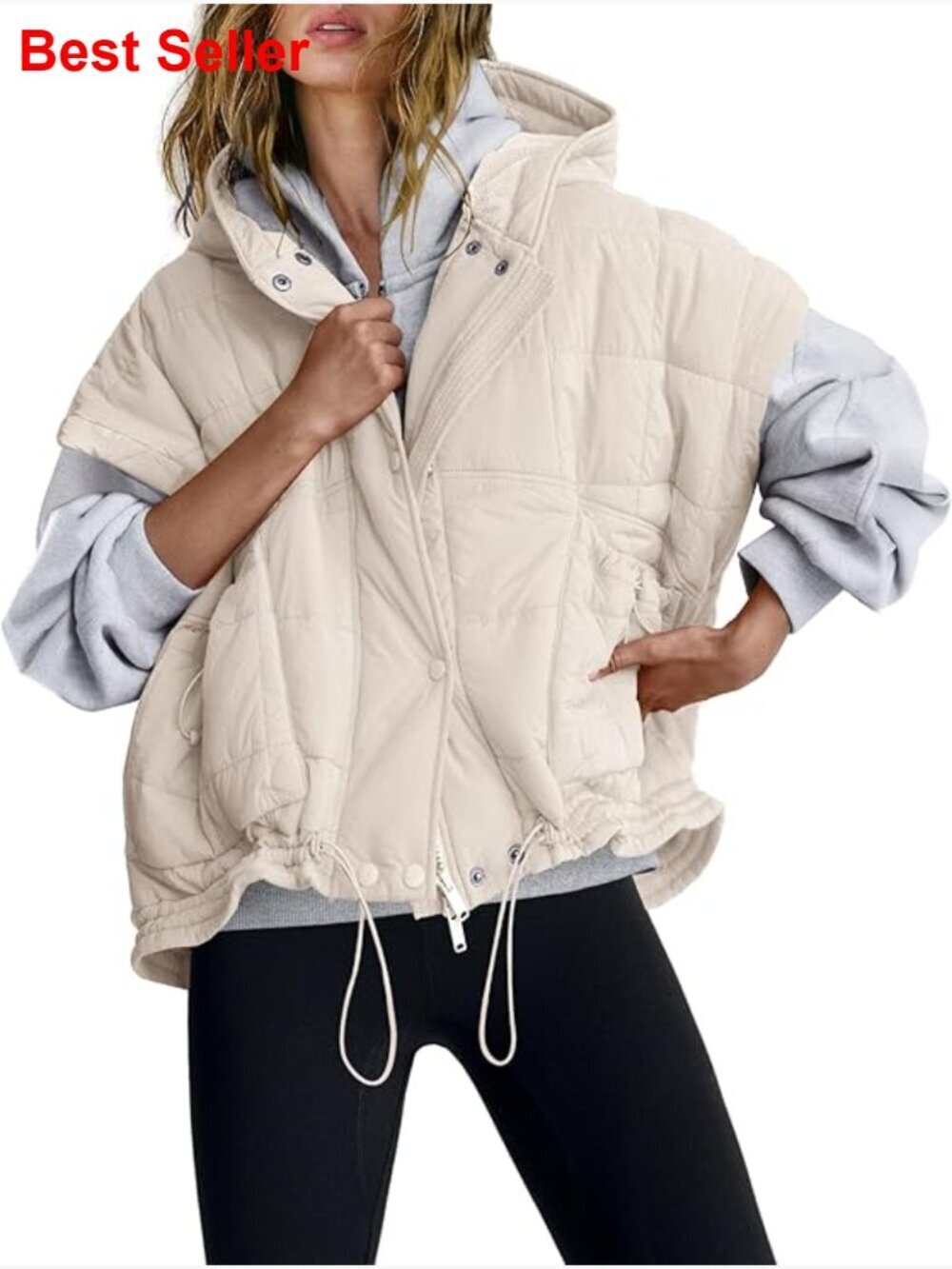 Oversized Puffer Vest Sleeveless Quilted Jacket with Hood and Pockets